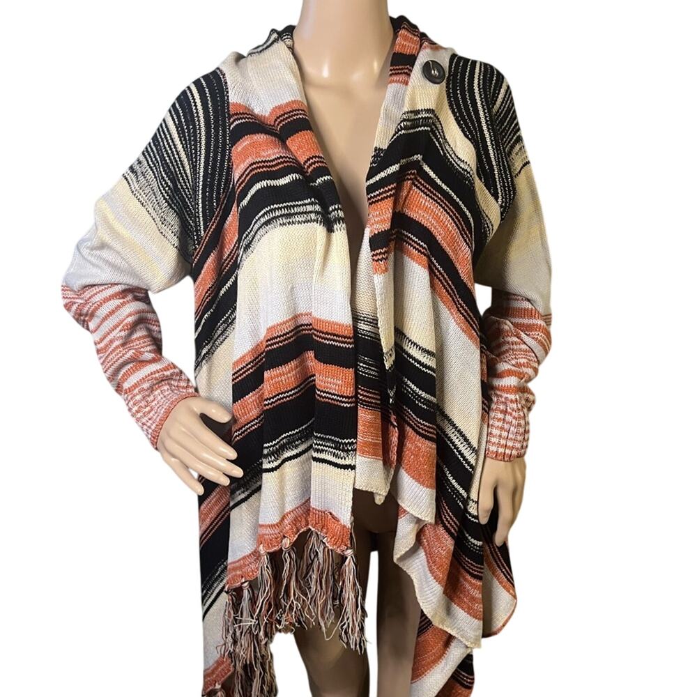 Womens Cardigan Poncho Sweater  Xl Orange Black & Cream Blush Pink fringe knit